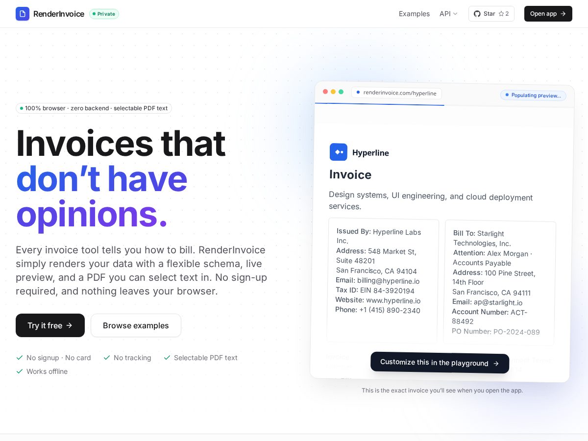 Landing-page snapshot of renderinvoice.com