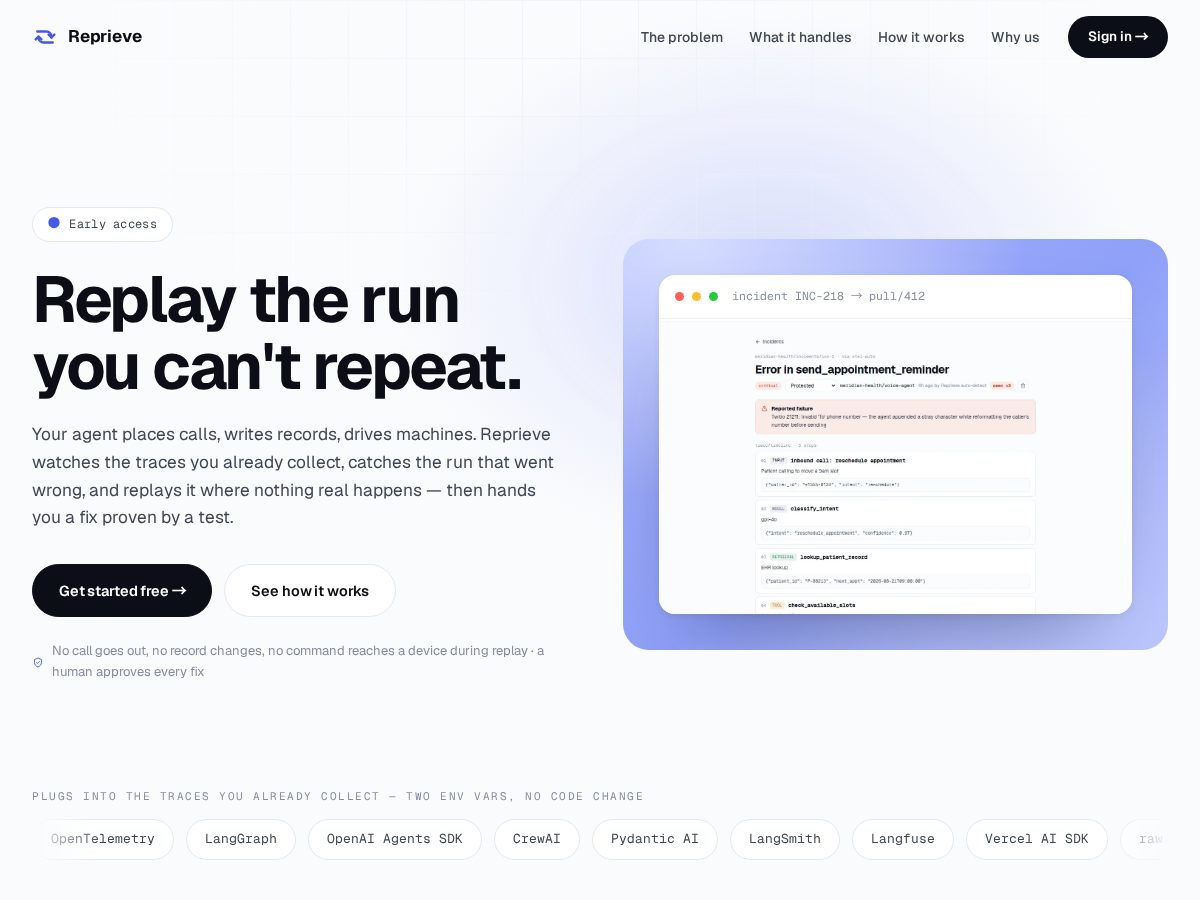 Landing-page snapshot of reprieve.dev