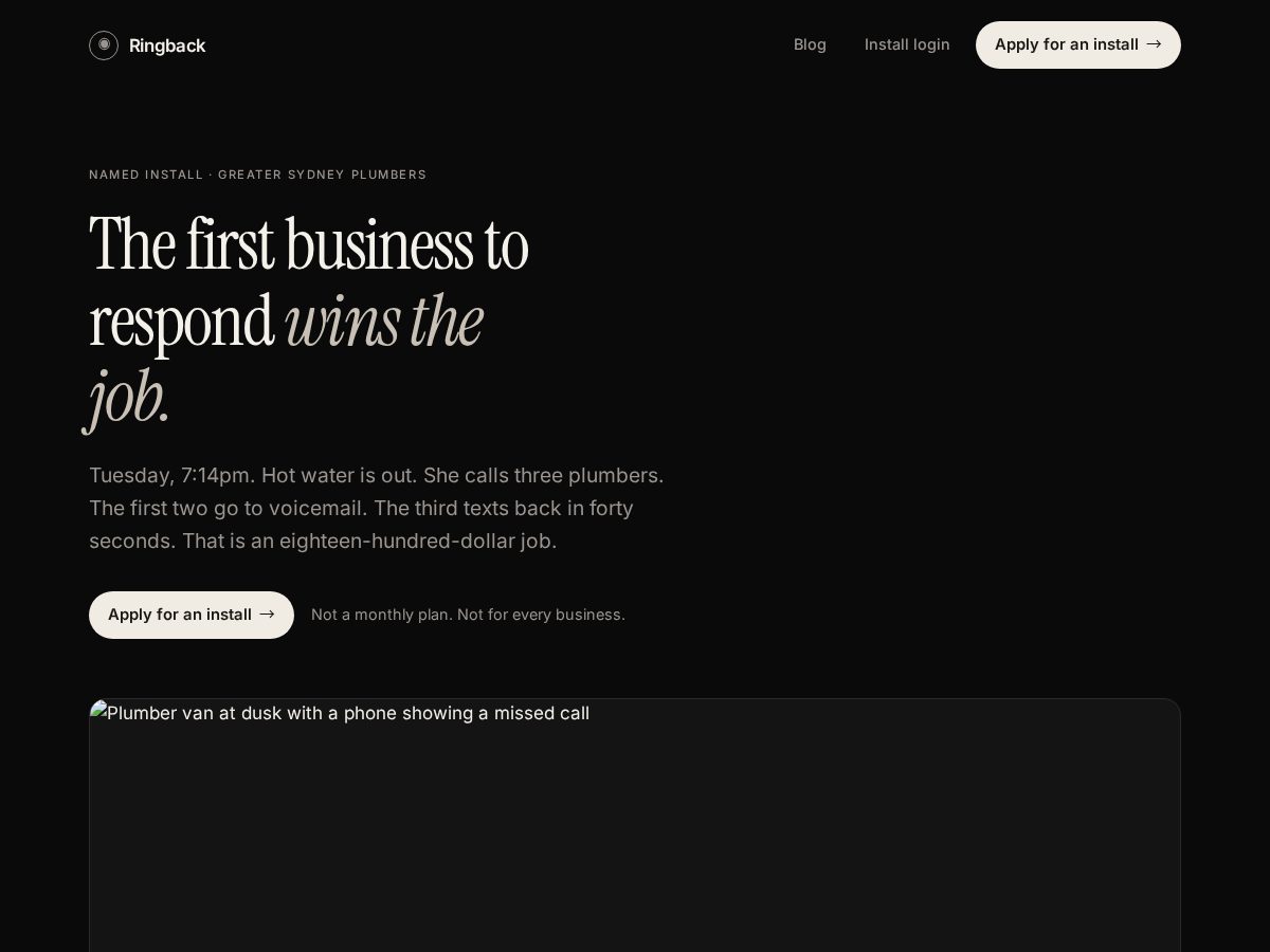 Landing-page snapshot of ringback.works