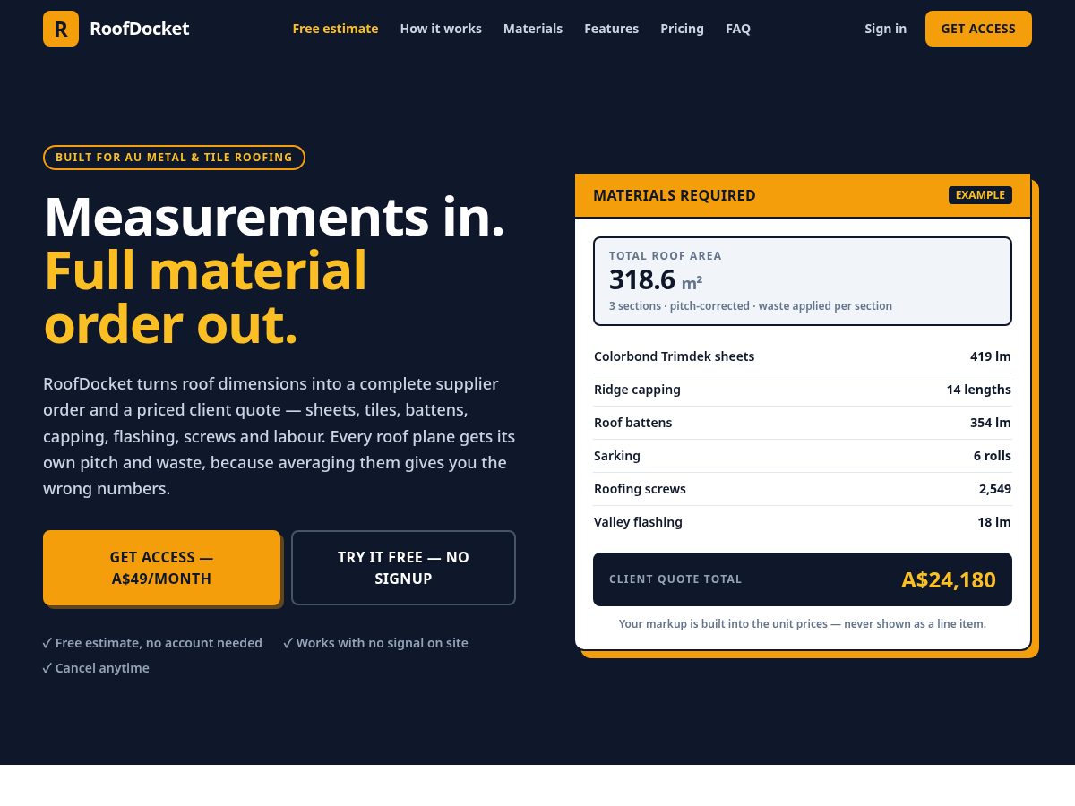 Landing-page snapshot of roofdocket.com