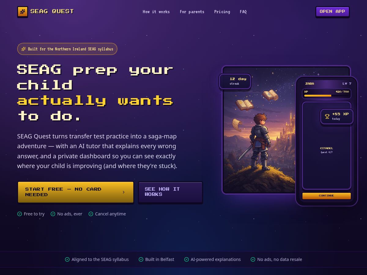 Landing-page snapshot of seagquest.com