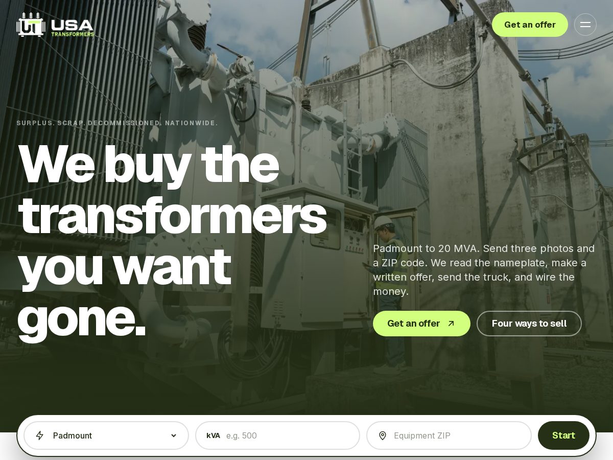 Landing-page snapshot of sellmytransformer.com