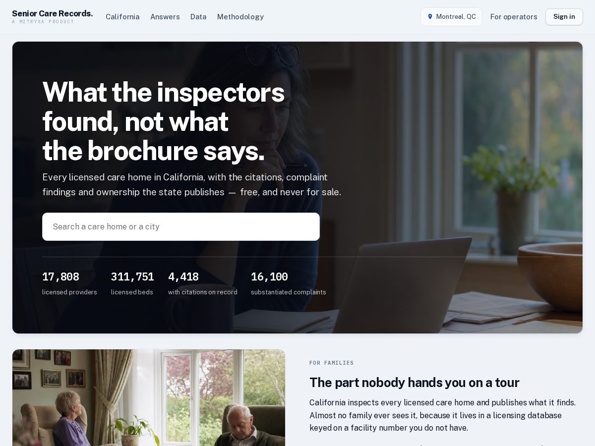 Landing-page snapshot of seniorcarerecords.com