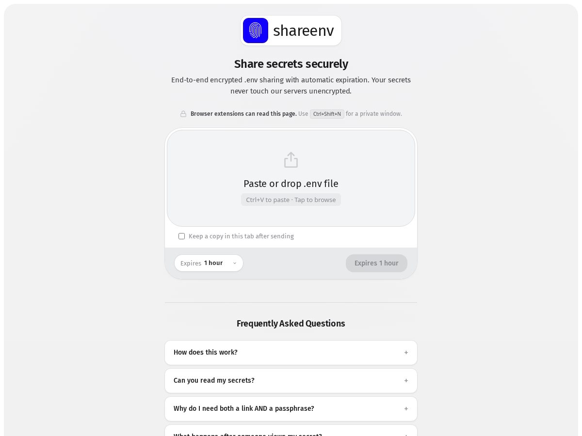 Landing-page snapshot of shareenv.com