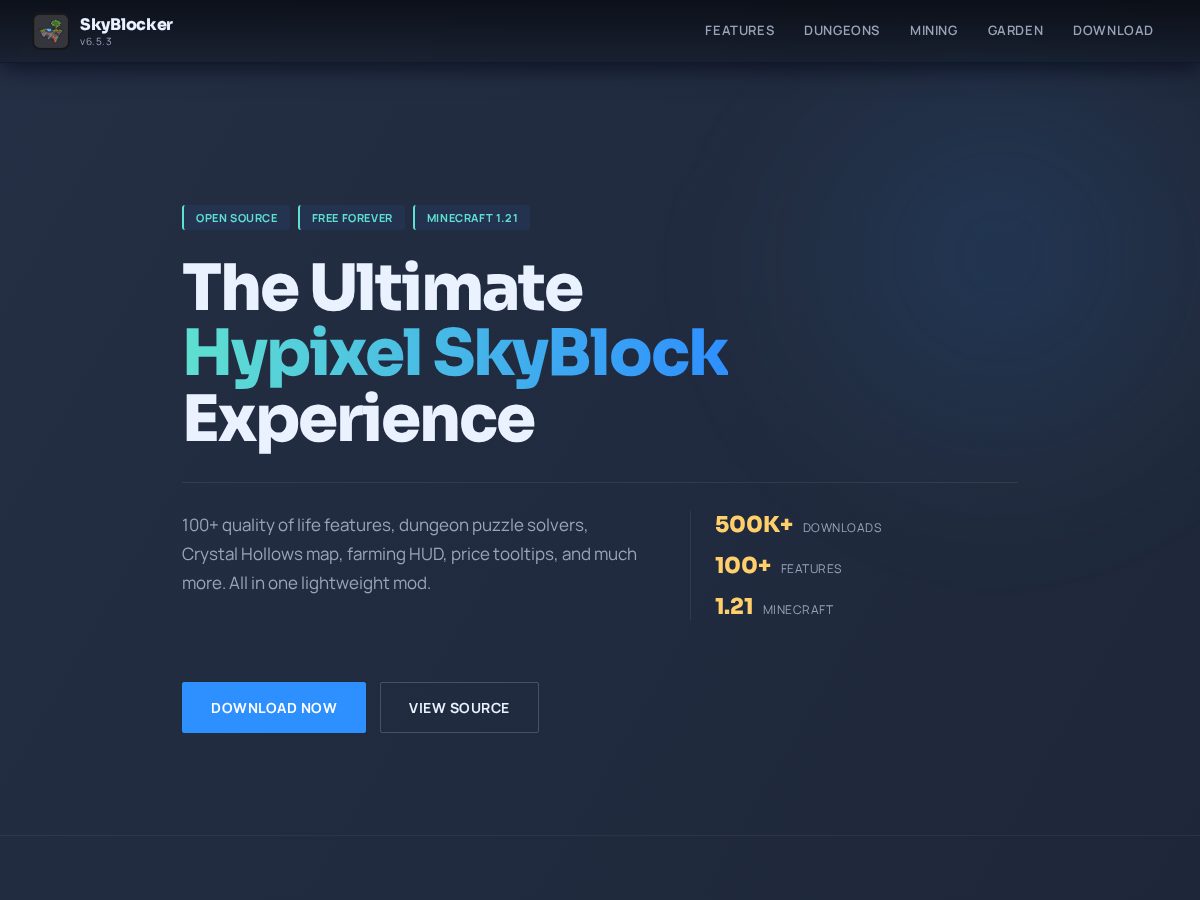 Landing-page snapshot of skyblockermod.net
