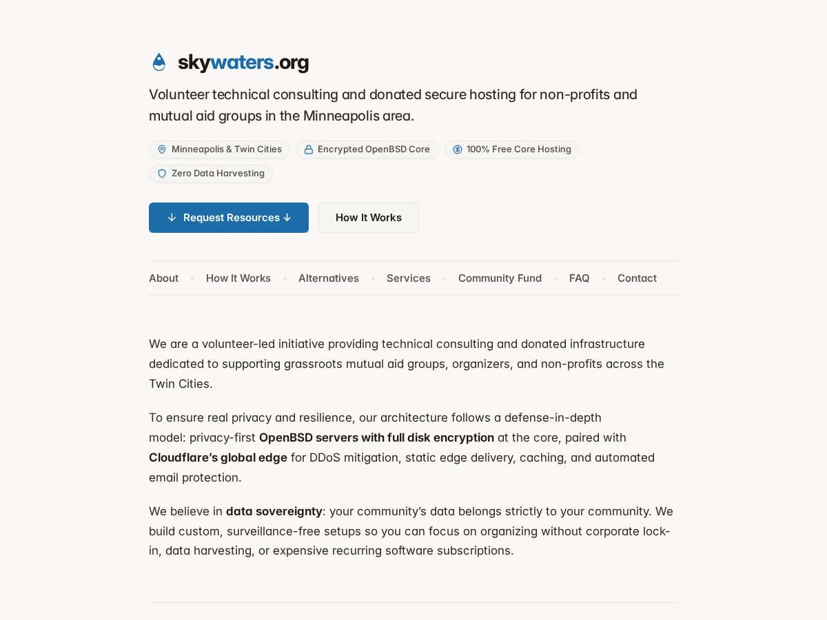 Landing-page snapshot of skywaters.org