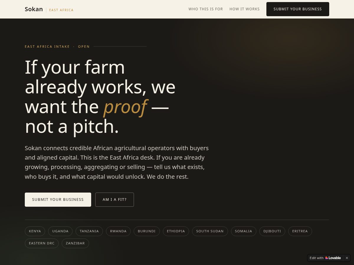 Landing-page snapshot of sokaneastafrica.com