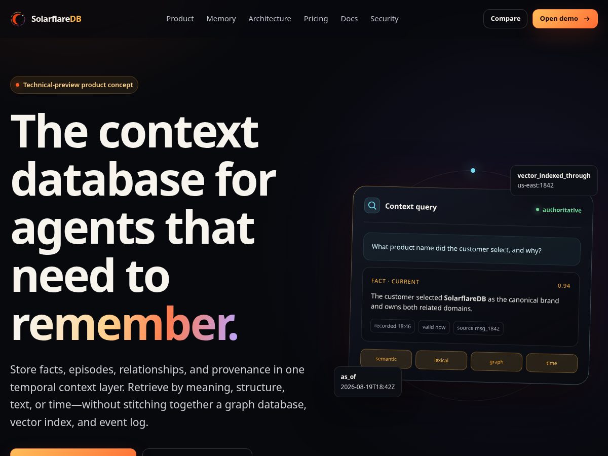 Landing-page snapshot of solarflaredb.com