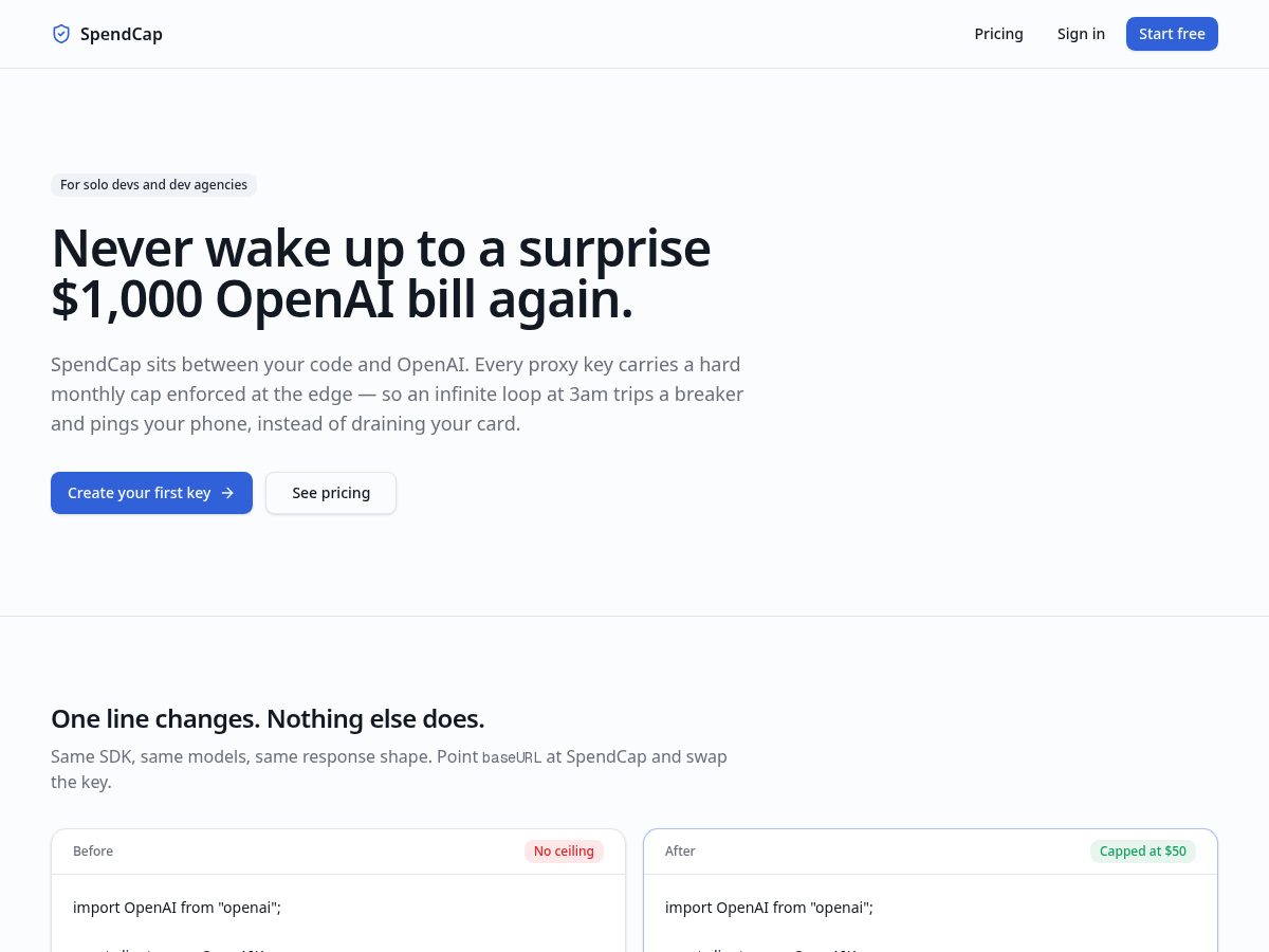 Landing-page snapshot of spendcap.dev