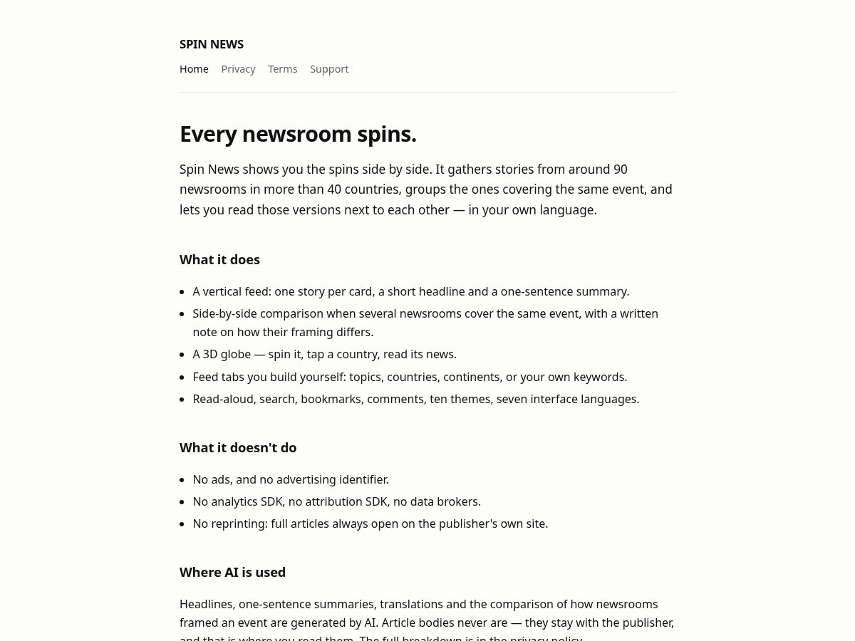 Landing-page snapshot of spinnews.app