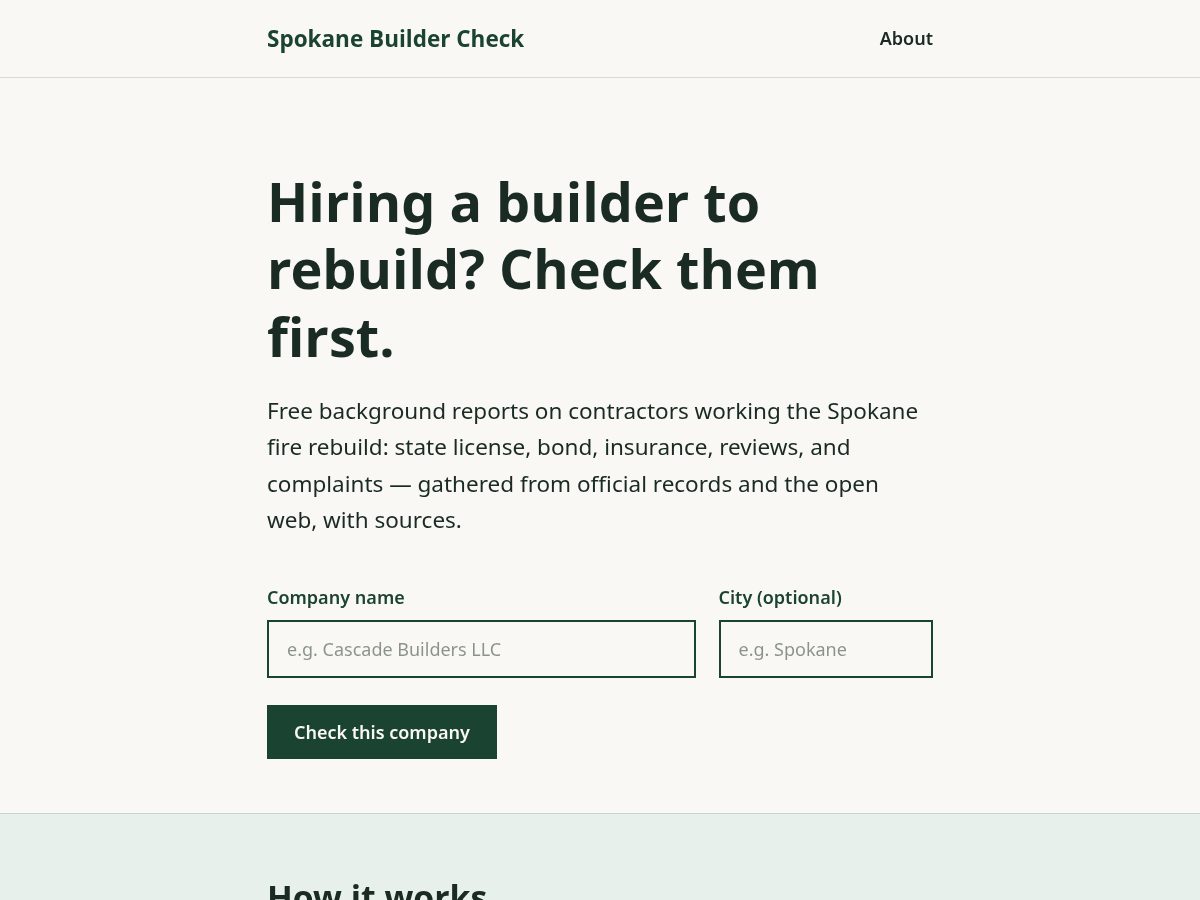 Landing-page snapshot of spokanebuildercheck.org