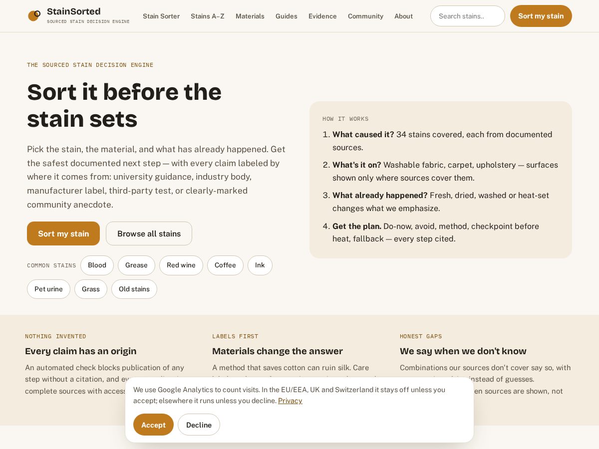 Landing-page snapshot of stainsorted.com