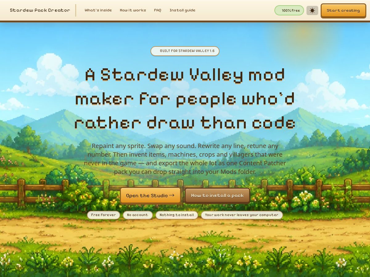 Landing-page snapshot of stardewmodmaker.com