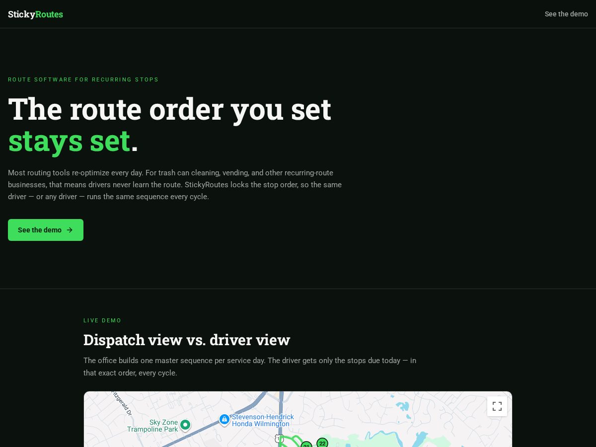 Landing-page snapshot of stickyroutes.com