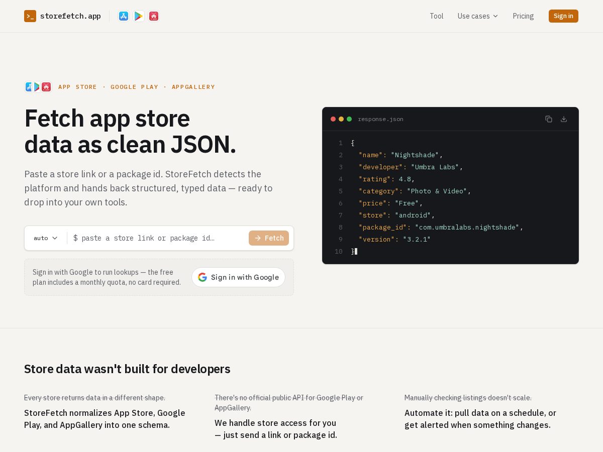 Landing-page snapshot of storefetch.app