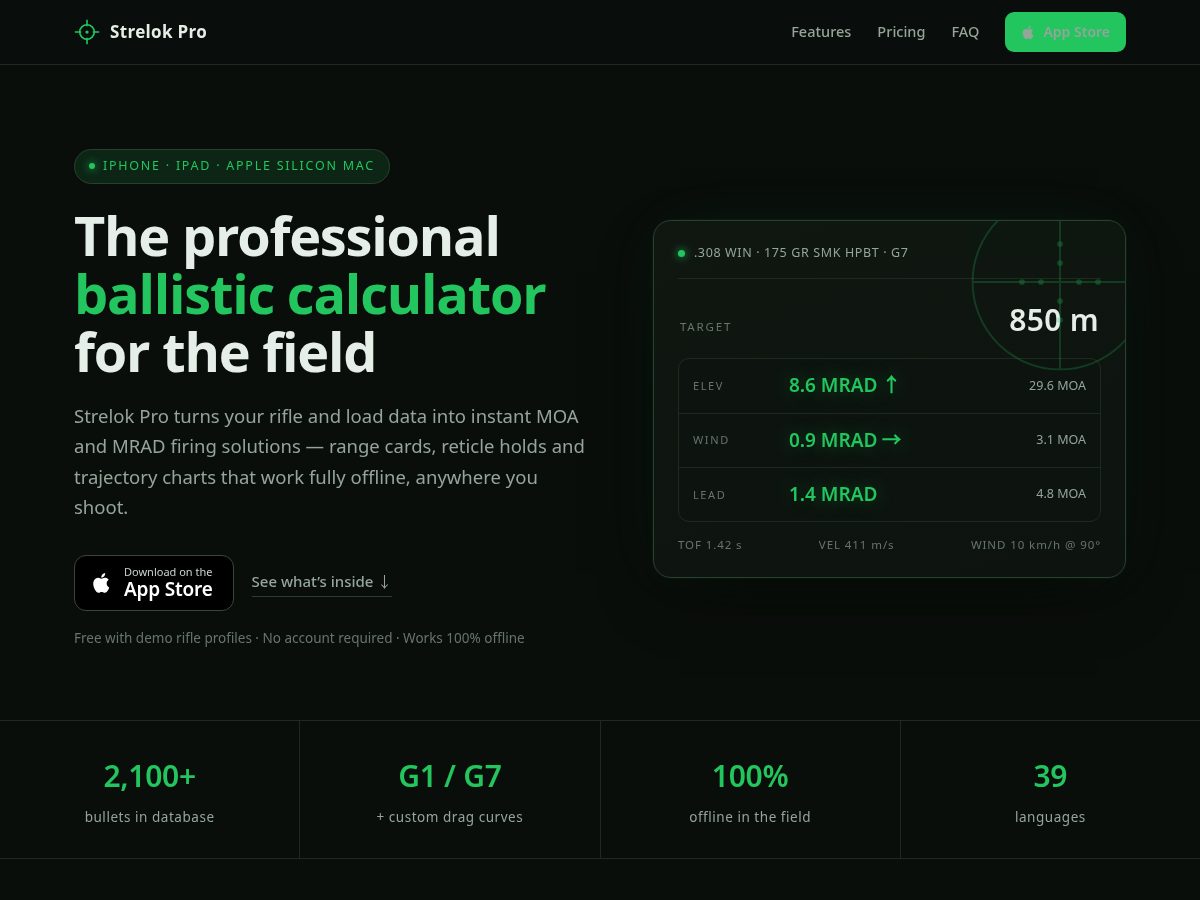 Landing-page snapshot of strelokpro.app