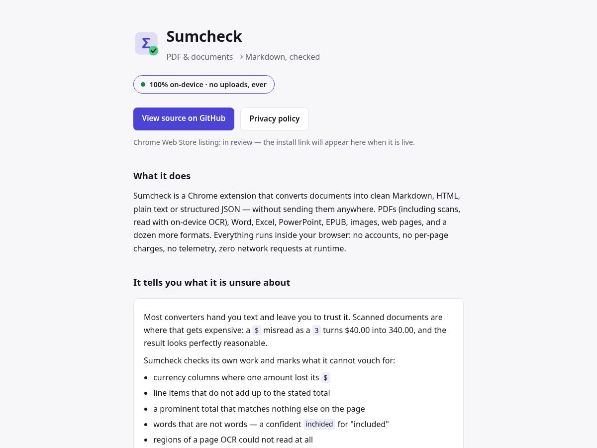 Landing-page snapshot of sumcheck.app