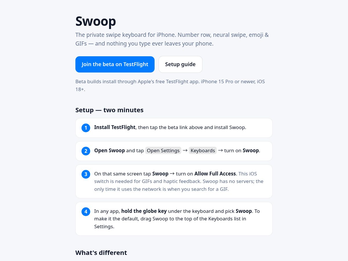 Landing-page snapshot of swoopkeyboard.com