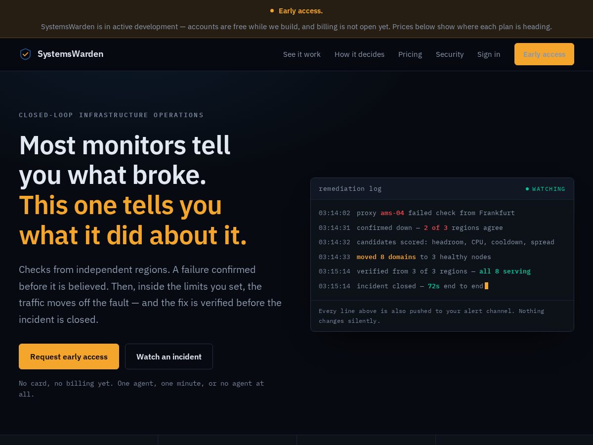 Landing-page snapshot of systemswarden.com