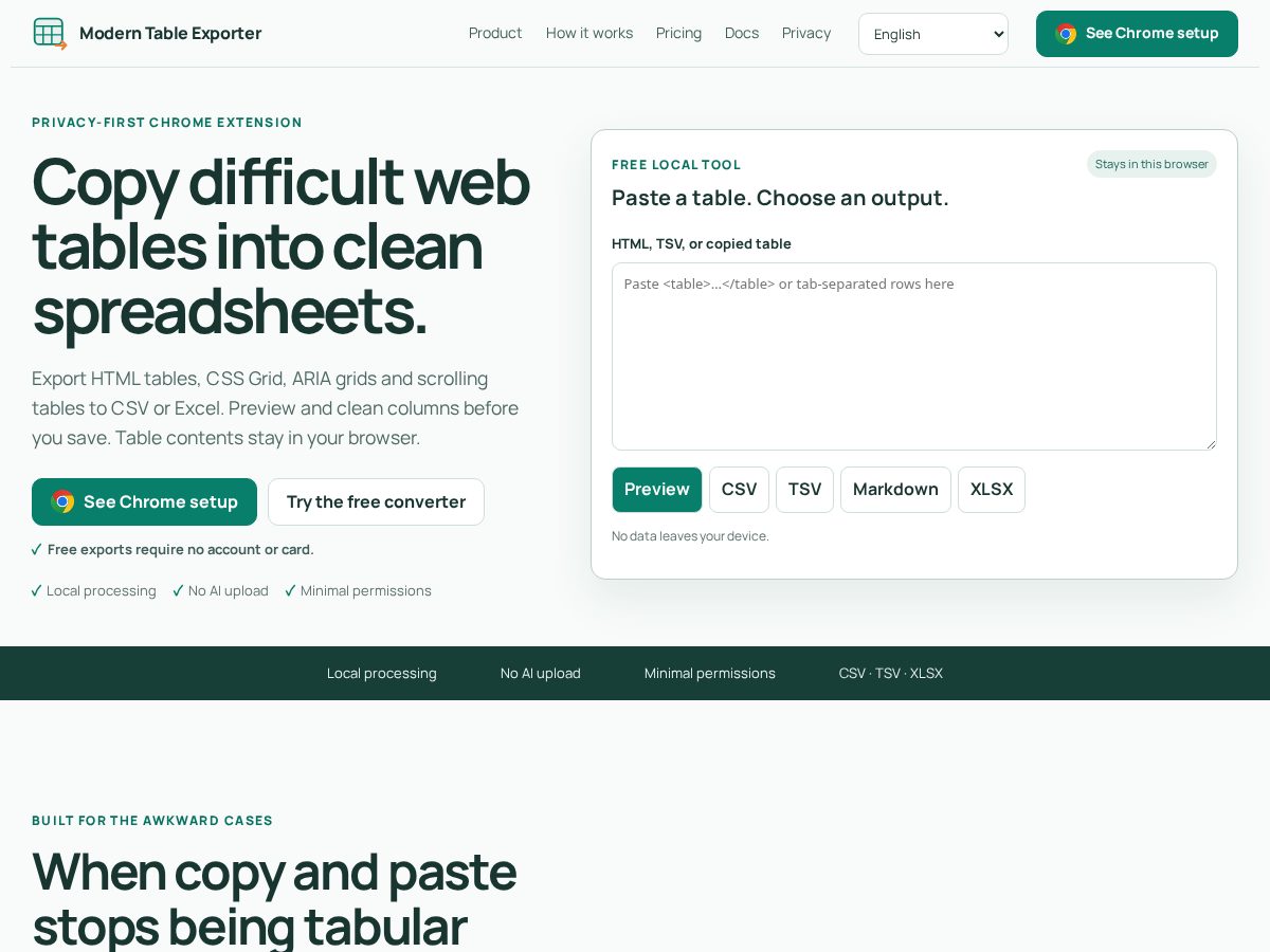 Landing-page snapshot of tableexporter.com