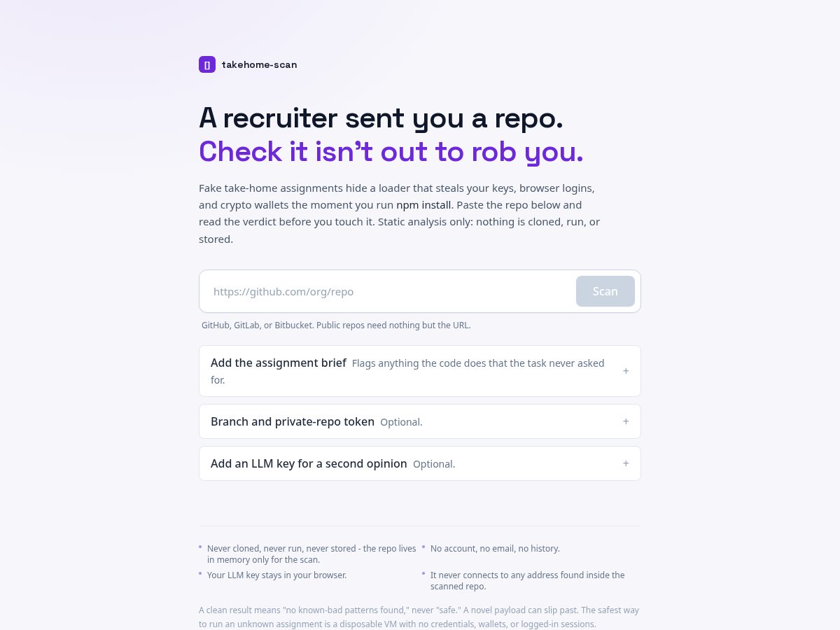 Landing-page snapshot of takehomescan.dev