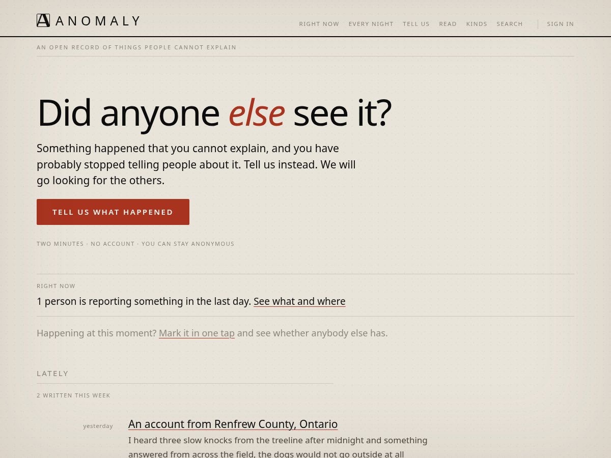 Landing-page snapshot of theanomalynetwork.com