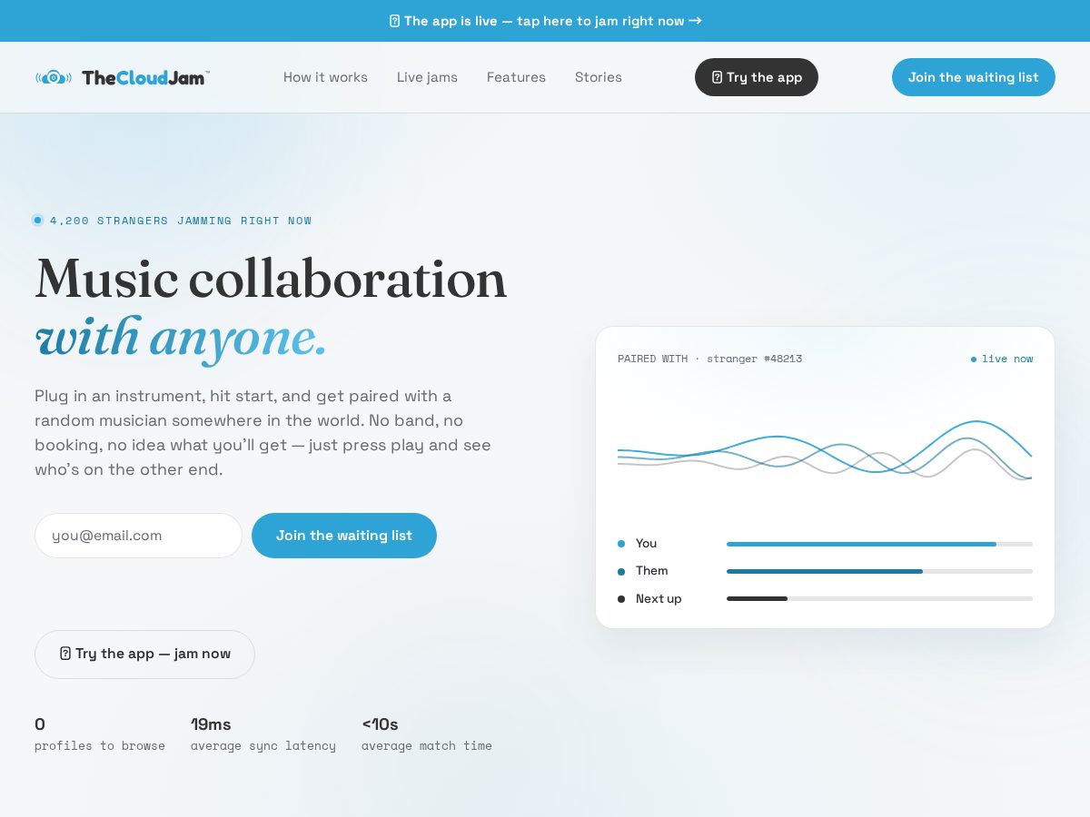 Landing-page snapshot of thecloudjam.com