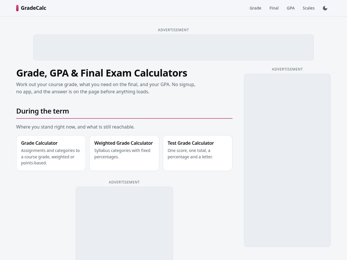 Landing-page snapshot of thegradecalc.com