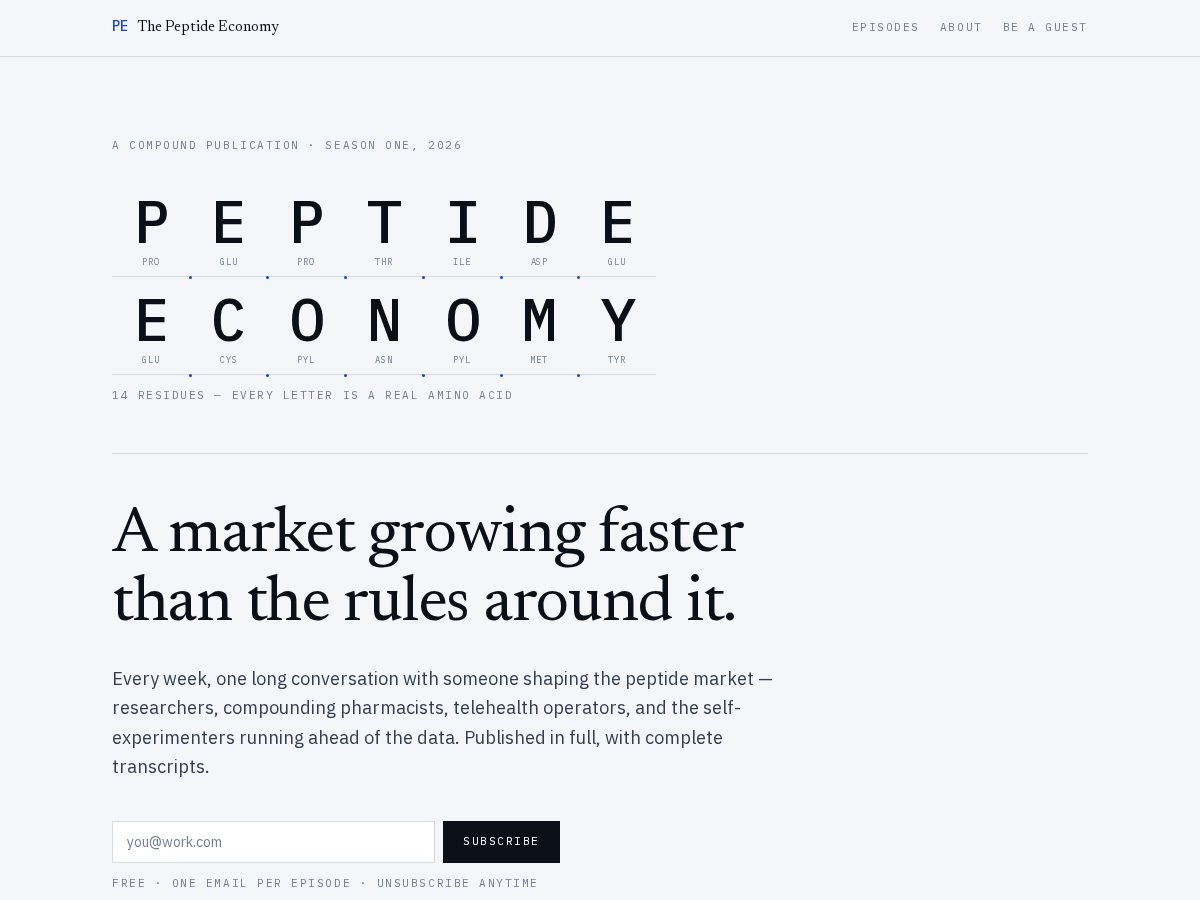 Landing-page snapshot of thepeptideeconomy.com