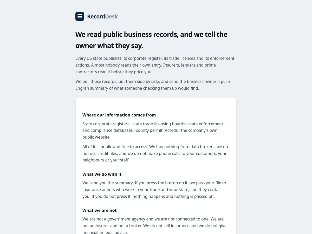 Landing-page snapshot of therecorddesk.com