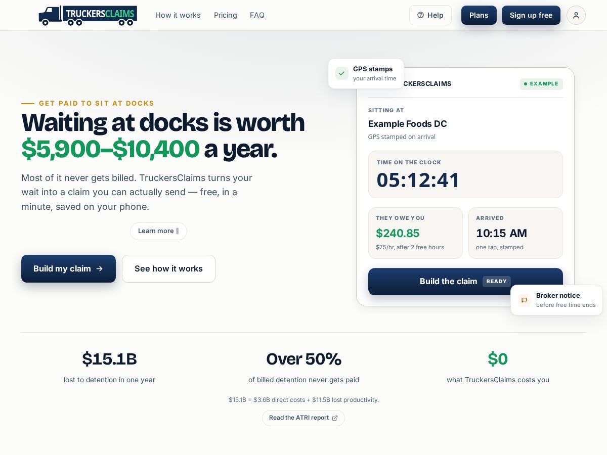 Landing-page snapshot of truckersclaims.com
