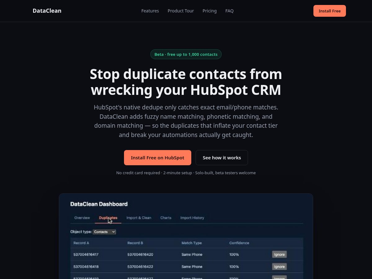 Landing-page snapshot of trydataclean.com
