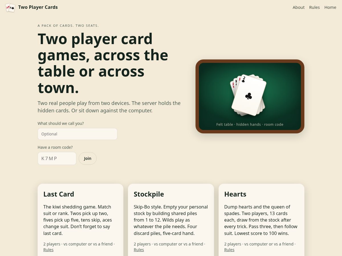 Landing-page snapshot of twoplayercards.com