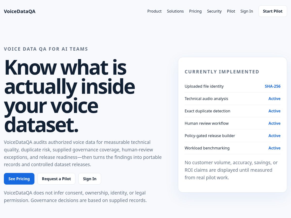 Landing-page snapshot of voicedataqa.com