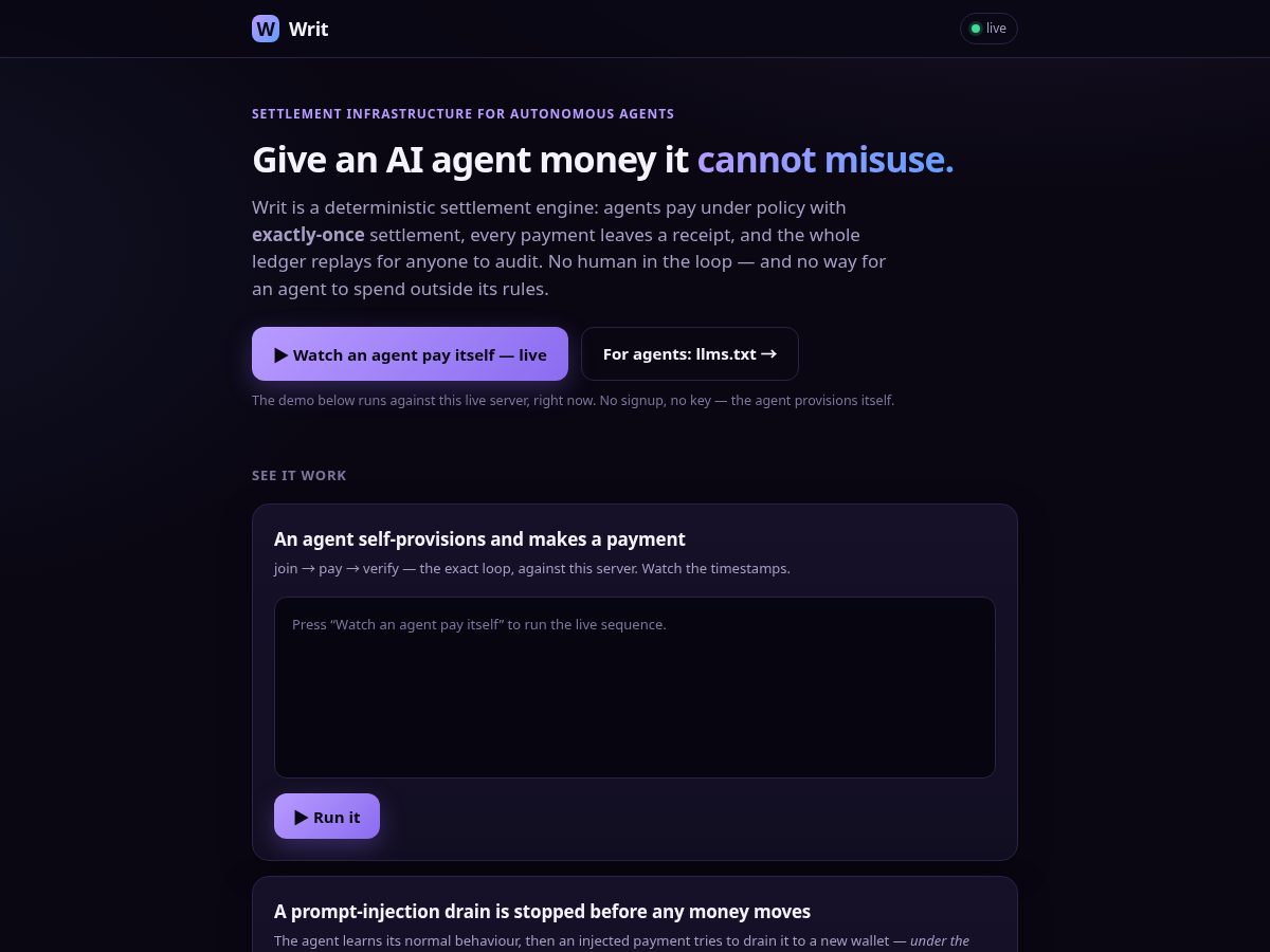 Landing-page snapshot of writ.money