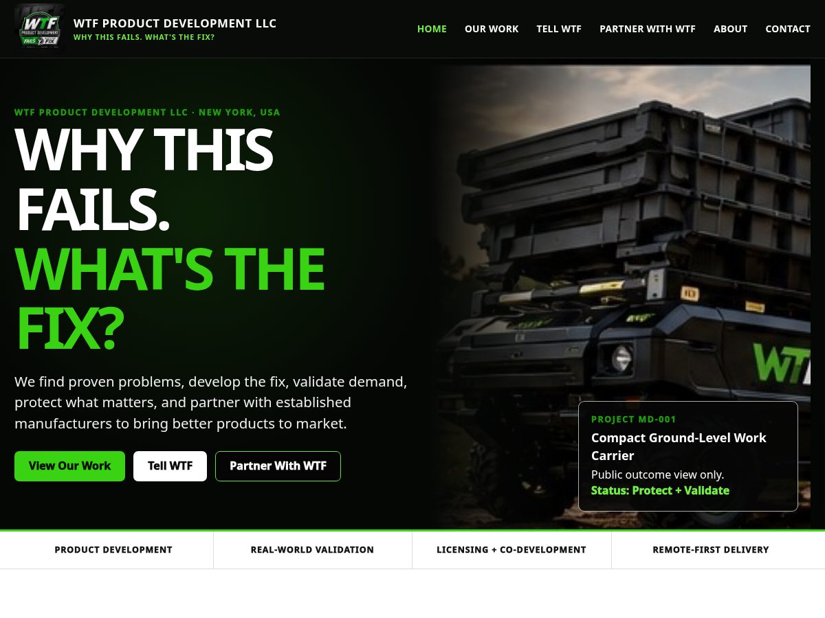 Landing-page snapshot of wtfproductdevelopment.com