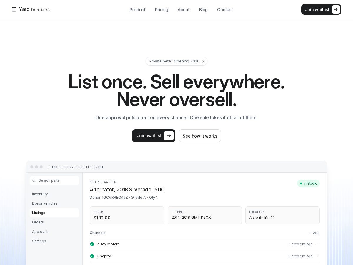 Landing-page snapshot of yardterminal.com