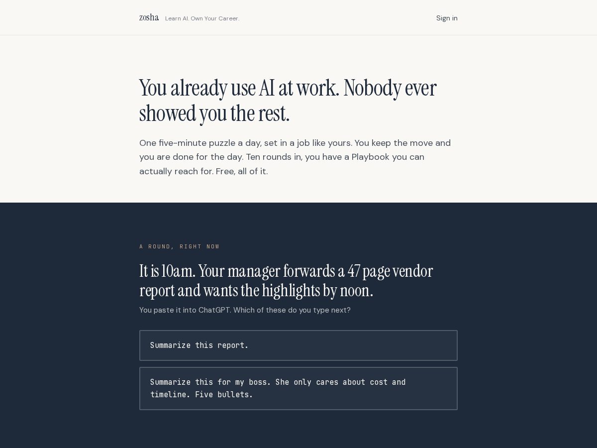 Landing-page snapshot of zosha.app