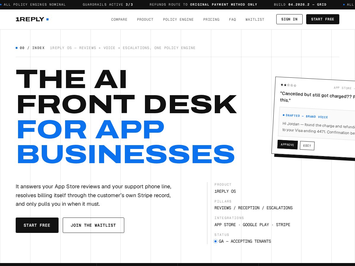Landing-page snapshot of 1reply.app