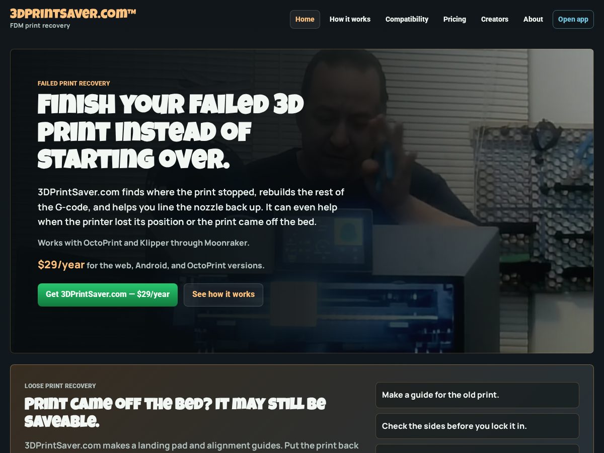 Landing-page snapshot of 3dprintsaver.com