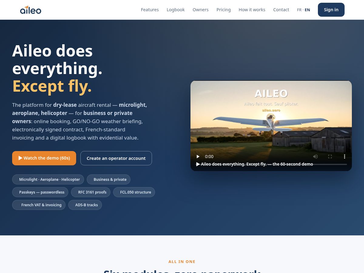 Landing-page snapshot of aileo.aero