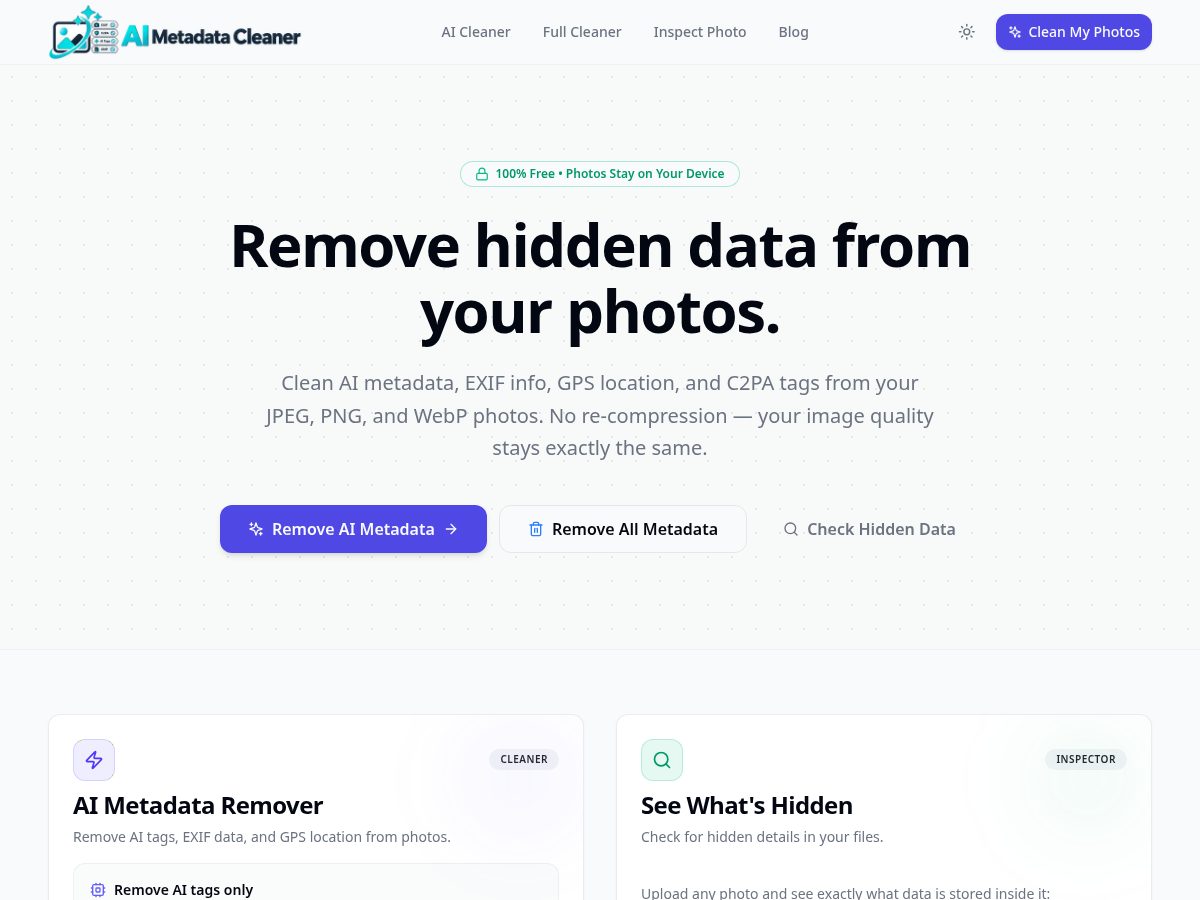 Landing-page snapshot of aimetadatacleaner.app