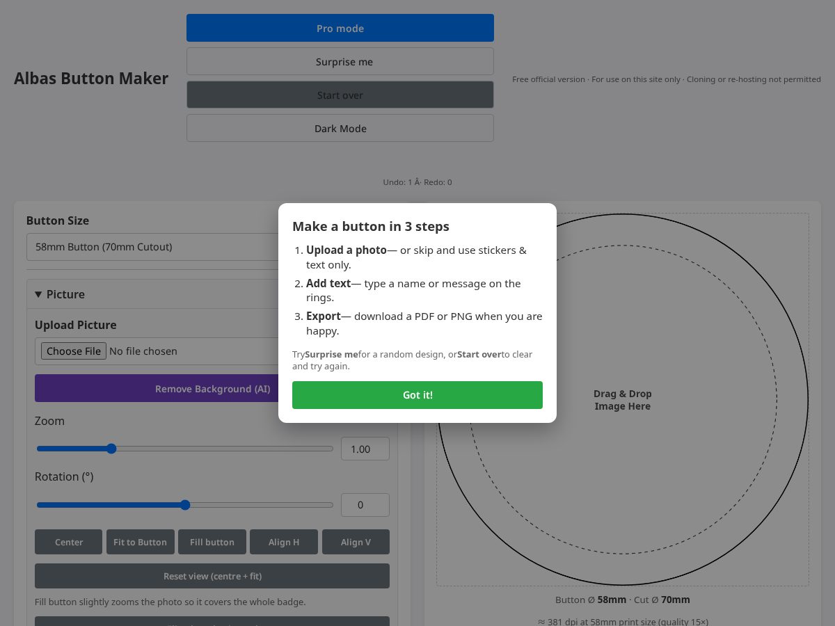Landing-page snapshot of albasbuttonmaker.com
