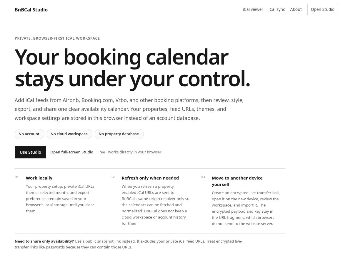 Landing-page snapshot of bnbcal-studio.com