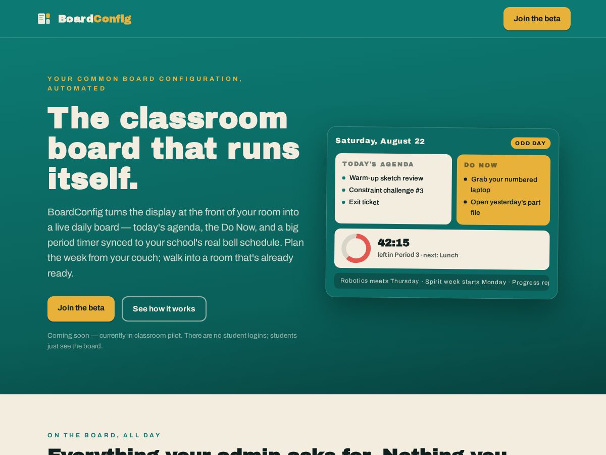 Landing-page snapshot of boardconfig.com