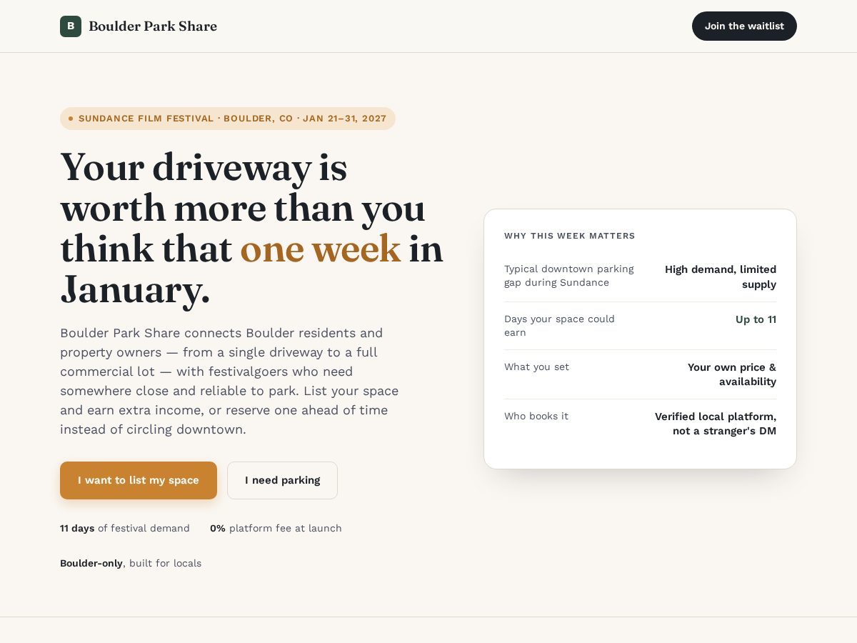 Landing-page snapshot of boulderparkshare.com