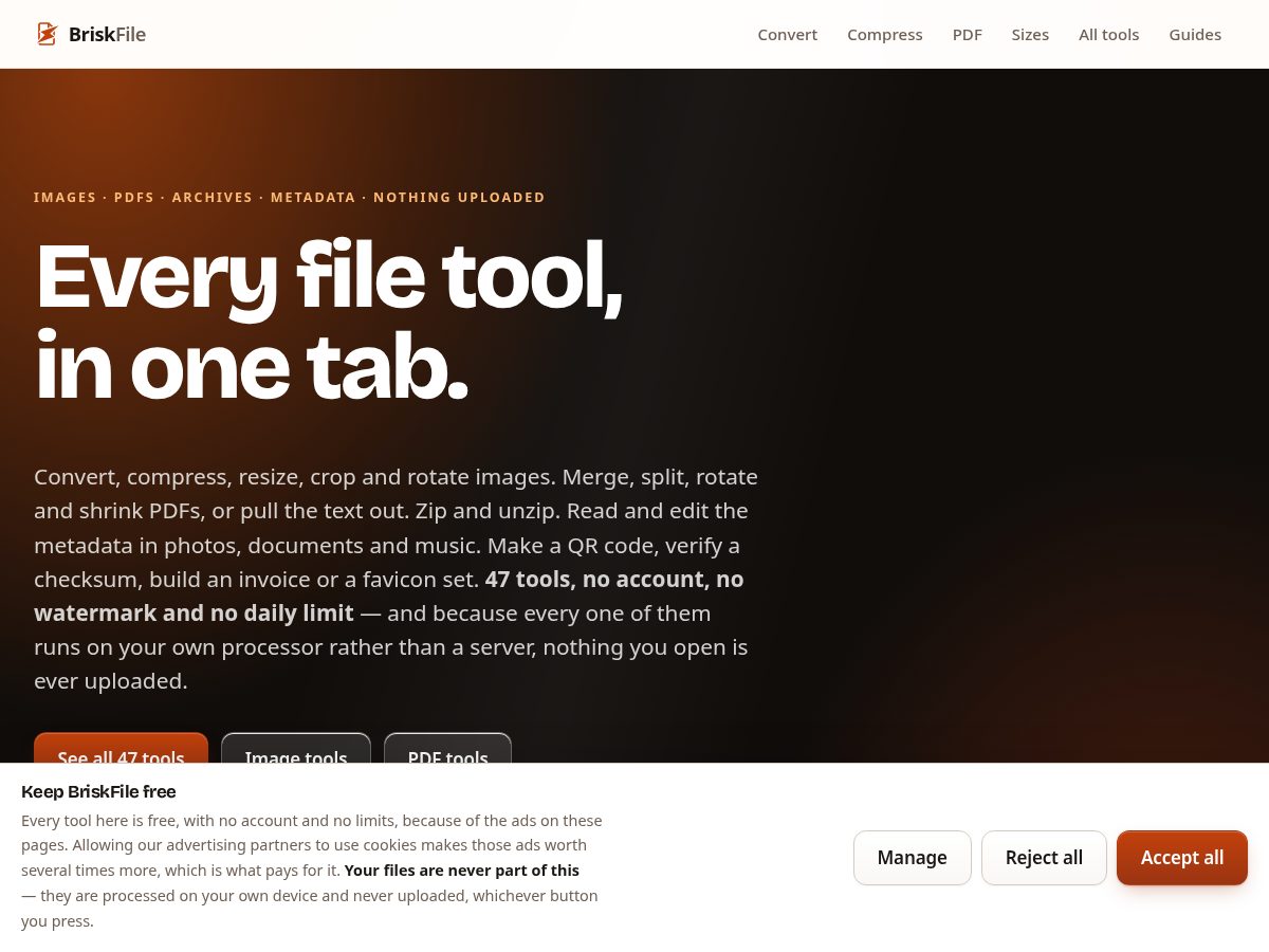 Landing-page snapshot of briskfile.com
