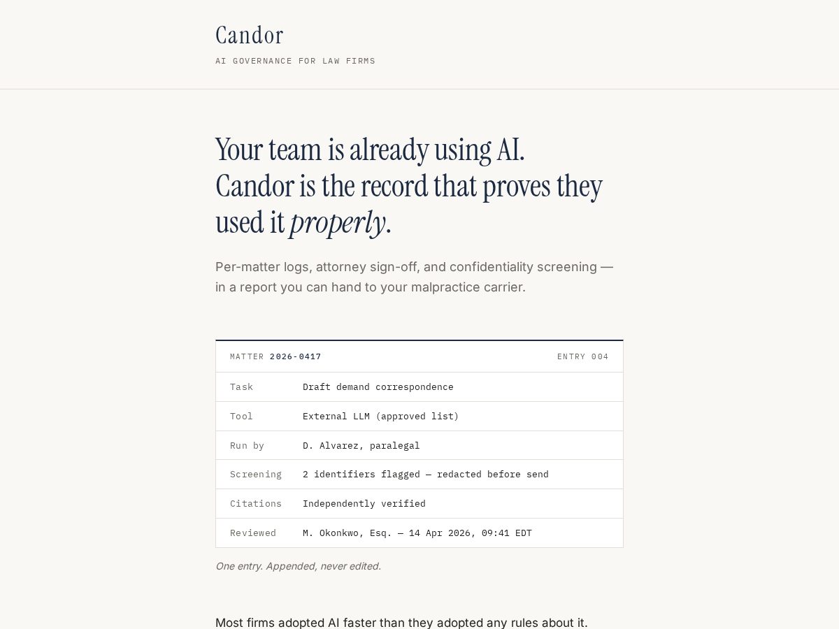 Landing-page snapshot of candor.legal