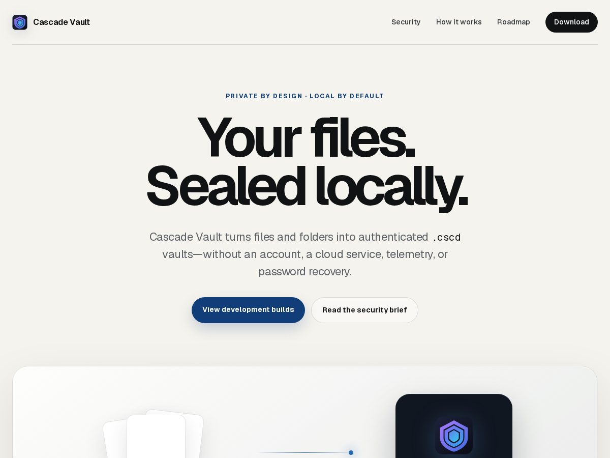 Landing-page snapshot of cascadevault.app