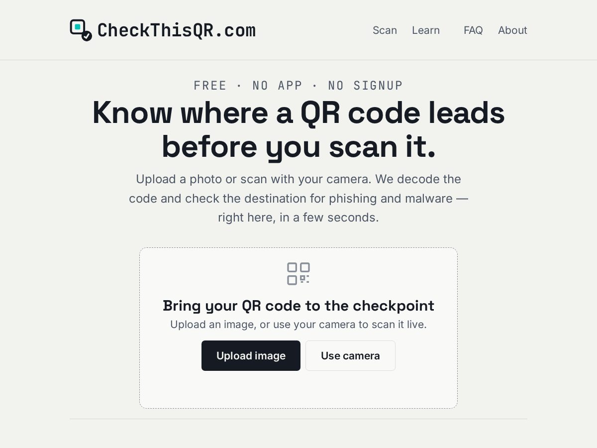 Landing-page snapshot of checkthisqr.com
